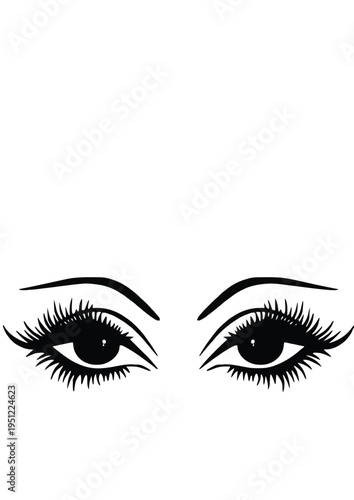 Close-up illustration of a pair of stylish, expressive eyes with long eyelashes isolated on white background, Vector, illustration