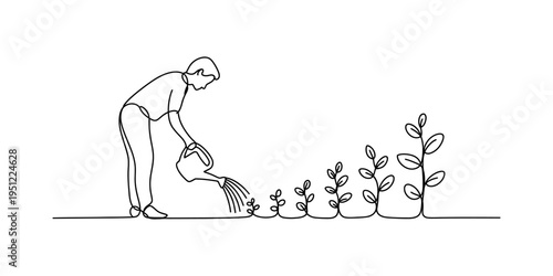 One line drawing of a person watering a sequence of plants showing growth from small to large.