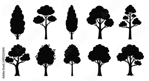Collection of various tree shapes presented in a dark silhouette