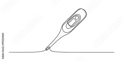 Continuous line drawing of a digital medical thermometer for body temperature measurement.