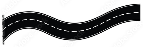 Winding road illustration with dashed line, featuring wavy, curved highways, traffic lanes, and horizontal asphalt road template