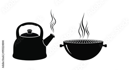 Black kettle and outdoor grill depicted in a striking silhouette