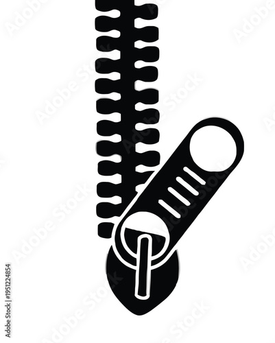 A sleek black zipper with a metallic silver pull tab in a minimalist design isolated on white background, Vector, illustration