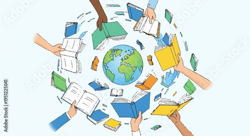 Diverse hands holding books and laptops around a globe symbolizing global education and teamwork
