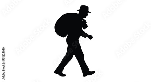A traveler with a large bag walks depicted as a silhouette