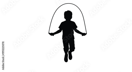 A child joyfully jumping rope against a white background silhouette