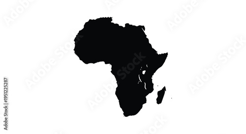 A stark black silhouette of the african continent against white background