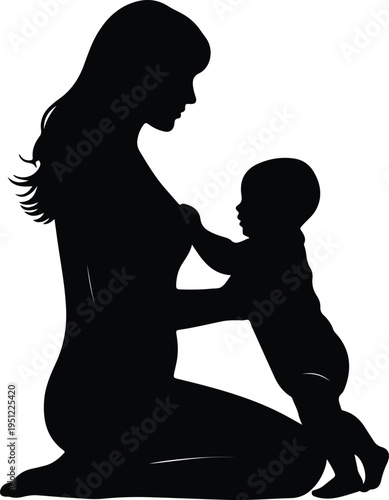 Silhouette loving mother embracing baby simple black illustration vector design