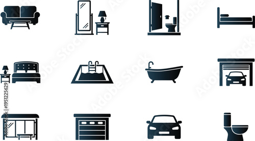 Home living icons furniture bathroom bedroom garage transport symbols
