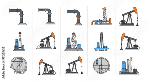 Oil and Gas Industry Icons - Pipelines, Rigs, and Pumpjacks.