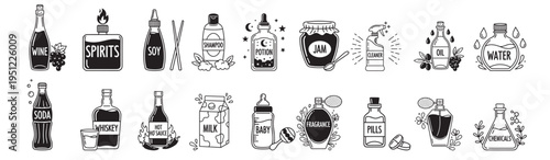 bottle and container outline vector icon set, beverage and liquid packaging including wine whiskey milk oil water soda and jar illustrations isolated on transparent background