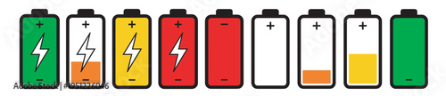 battery charge level icon set with power indicators, electricity symbols and charging status elements isolated on transparent background