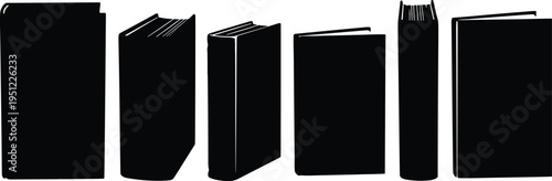 Silhouette collection of upright books, black isolated book icons, education literature library design, academic knowledge concept, publishing illustration bundle