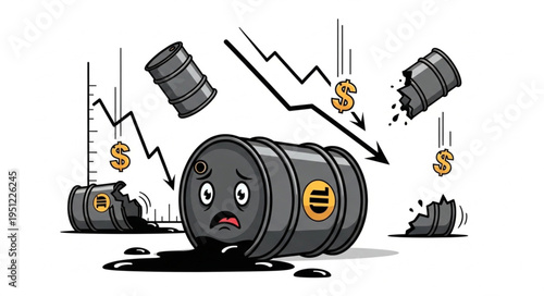 Cartoon Oil Barrel Crying Amidst Falling Prices and Economic Downturn.