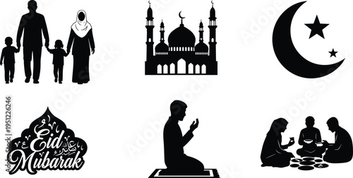 Eid Mubarak silhouettes, mosque, crescent moon, family, prayer, communal meal, Islamic culture, tradition, celebration, festival, religion, spirituality, unity
