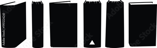 Minimalist black book silhouettes, upright and open icons, education literature design, academic publishing concept, library knowledge illustration bundle