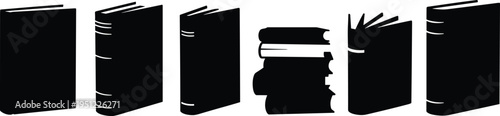 Black book silhouettes with upright and stacked arrangement, education literature icons, academic publishing design, library knowledge concept illustration bundle
