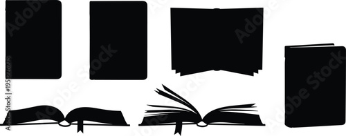 Black book silhouettes with open and closed positions, education literature icons, academic publishing design, library knowledge concept illustration bundle
