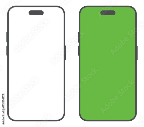 Smartphone mockup, minimalist mobile phone wireframe templates with green screen, blank white and chroma key displays, isolated on white background, clean flat vector illustration.