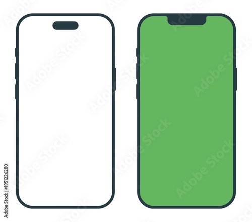 Smartphone mockup, minimalist mobile phone wireframe templates with green screen, blank white and chroma key displays, isolated on white background, clean flat vector illustration.