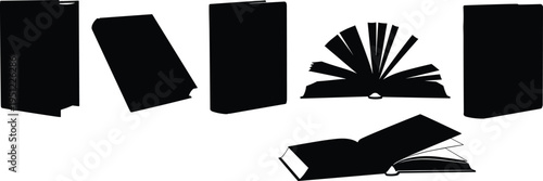 Black book silhouettes with upright, leaning, and open positions, education literature icons, academic publishing design, library knowledge concept bundle