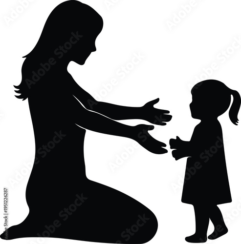 Silhouette mother kneeling reaching out to her small child vector design