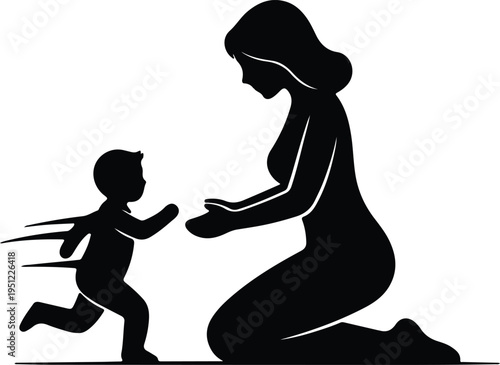Silhouette mother reaching out to running child embracing family connection vector design