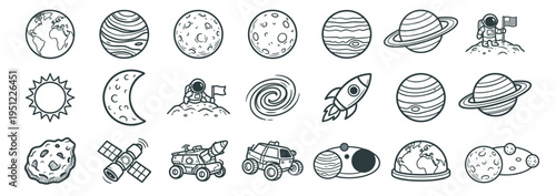 space planet line icon set with solar system objects including earth, moon, saturn, rocket, astronaut, satellite and rover vector illustration collection on transparent background