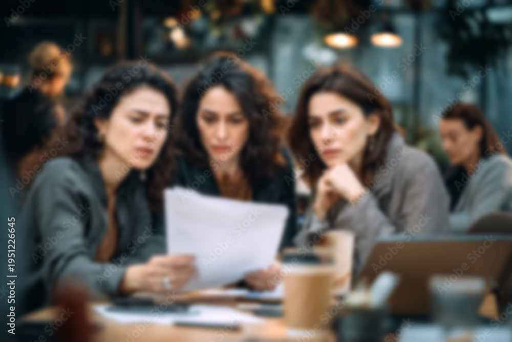 Fototapeta premium Blurred Three professional women reviewing documents together at modern office table