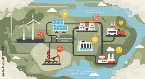 Diverse Energy Sources - Wind, Solar, Nuclear, Hydro, Oil, and Coal.