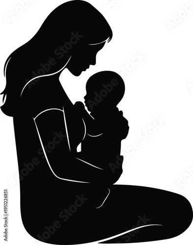 Silhouette of a mother tenderly holding her newborn baby vector design