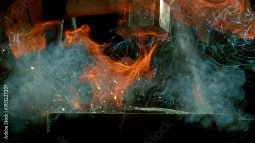 Cinematic close-up of blacksmith forging glowing hot iron on anvil with sparks flying. Shot in dramatic lighting on dark background with high-speed camera at 1000fps. Speed ramp effect.