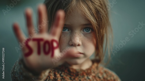 Girl holds out hand with STOP written on her palm to raise awareness for child protection and request for help