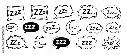 Sleep zzz icon, snore bubble with cartoon cloud, hand-drawn bed and nap symbols, dreamy and relaxed line emoji, insomnia and bedtime app graphics, slumber and deep rest vector illustration.