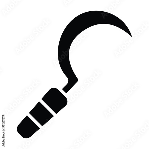 Black and white illustration of a scythe with a wooden handle and metal blade isolated on white background, Vector, illustration