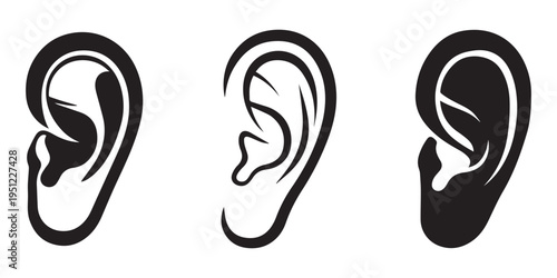 Collection set of Human ear with visible earplug, clean silhouette symbol for hearing protection and noise reduction concept, Human ear  silhouette,editable stock