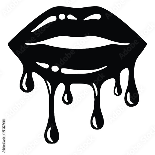 A striking black silhouette of lips dripping with dark, glossy substance. isolated on white background, Vector, illustration