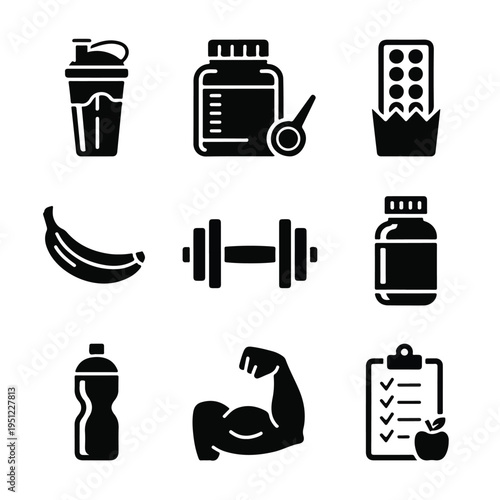  Fitness & Nutrition Solid Icon Set (10 Items) — Black Glyph Vector