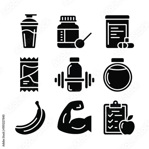  Fitness & Nutrition Solid Icon Set (10 Items) — Black Glyph Vector