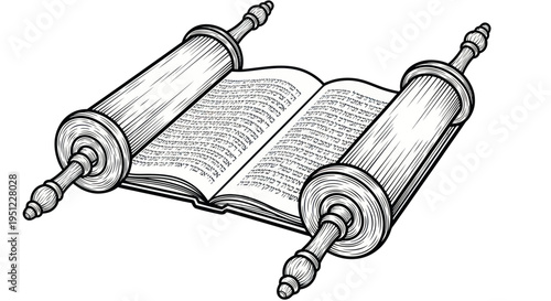 Ancient Torah Scroll Unfurled, Jewish Holy Book, Religious Text Illustration