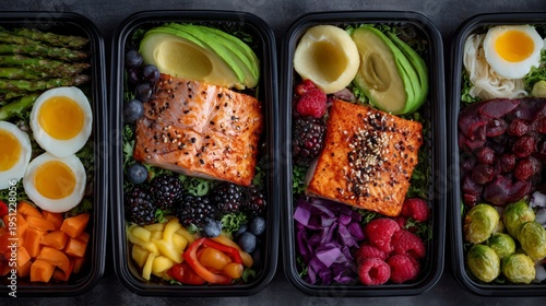 Colorful meal prep containers filled with healthy lunches ready for the week ahead in a kitchen setting