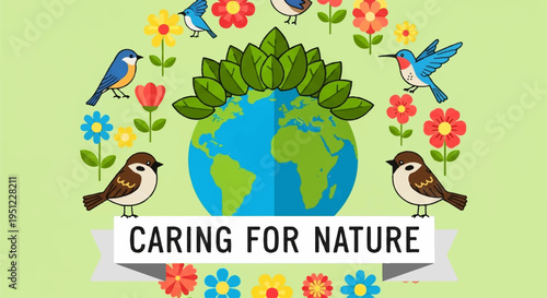 Earth surrounded by birds flowers and leaves on a green background with a caring for nature banner