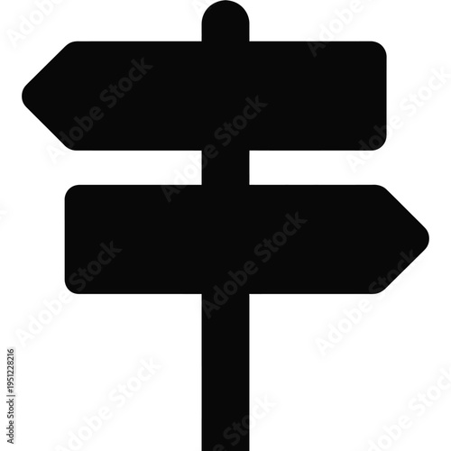 Black and white illustration of a directional road signpost with three arrows isolated on white background, Vector, illustration