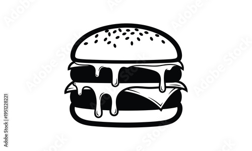 A black and white illustration of a cheeseburger with melted cheese