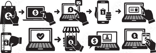 Online Shopping Process with Hand Icons and Devices