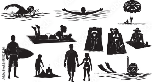 People enjoying water activities and beach life silhouettes illustration