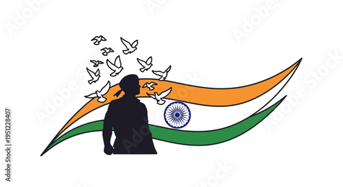 Patriotic illustration of a person silhouette with Indian flag and flying birds, symbolizing freedom and patriotism on Shaheed Diwas or Independence Day