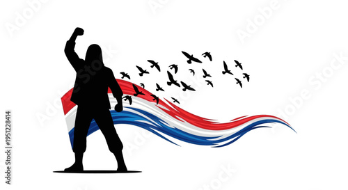 Patriotic illustration of a person silhouette with raised fist and birds flying out of an Indian flag waving in the background, symbolizing freedom and patriotism on Shaheed Diwas