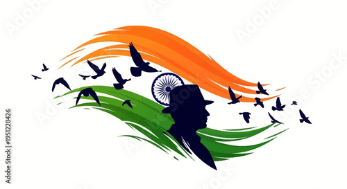Patriotic illustration of a silhouette in front of Indian flag colors with birds flying, symbolizing freedom and patriotism on Shaheed Diwas or Martyrs Day