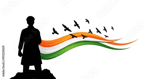 A patriotic illustration of a man in silhouette standing on a rock with the Indian flag waving behind him and birds flying away, symbolizing freedom and patriotism on Shaheed Diwas